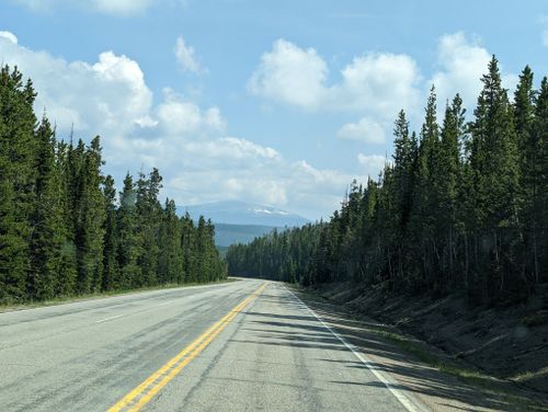 Free A serene highway winding through a dense conifer forest with distant mountain views under a blue sky. Stock Photo