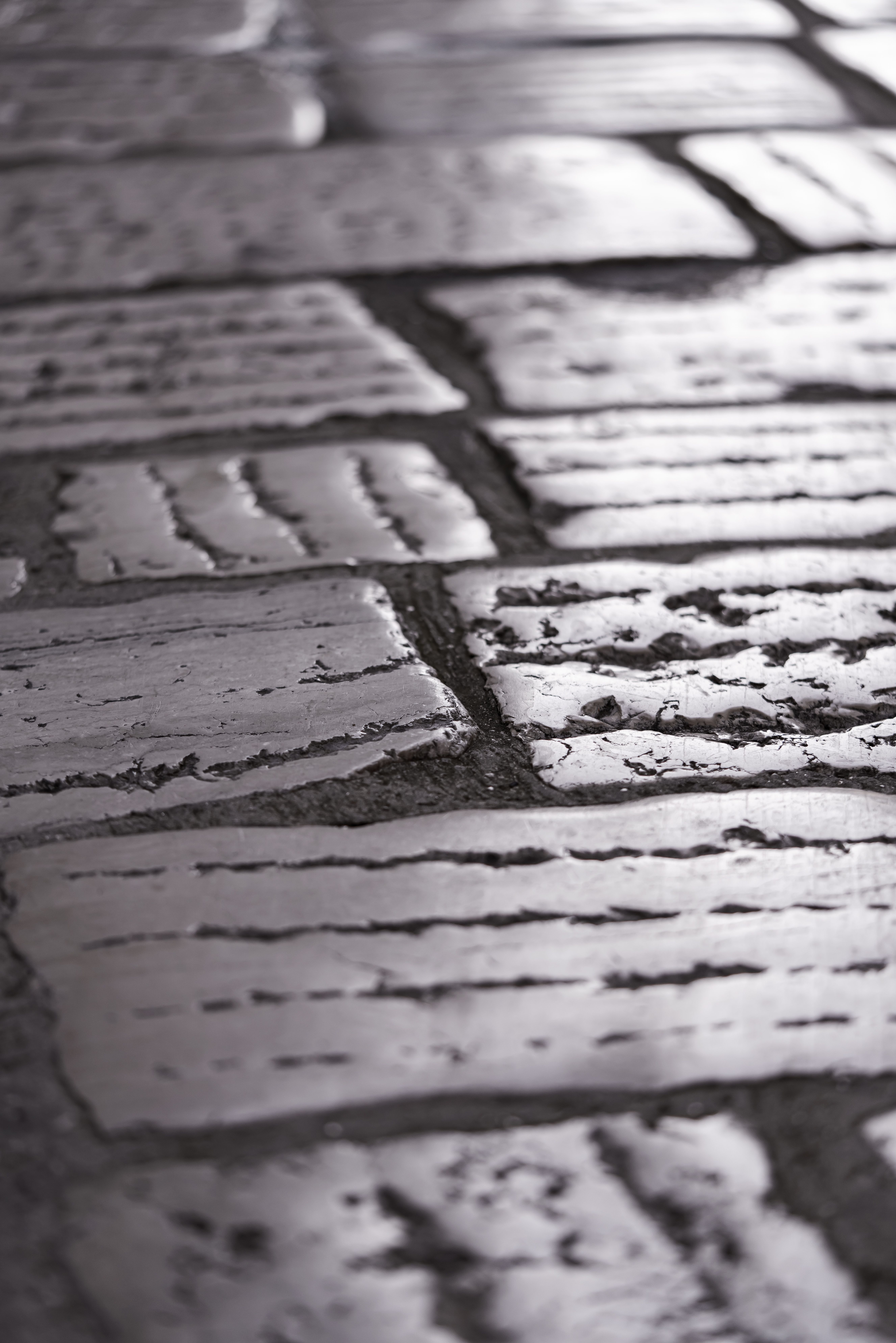 Detailed texture of a weathered cobblestone street under soft lighting.