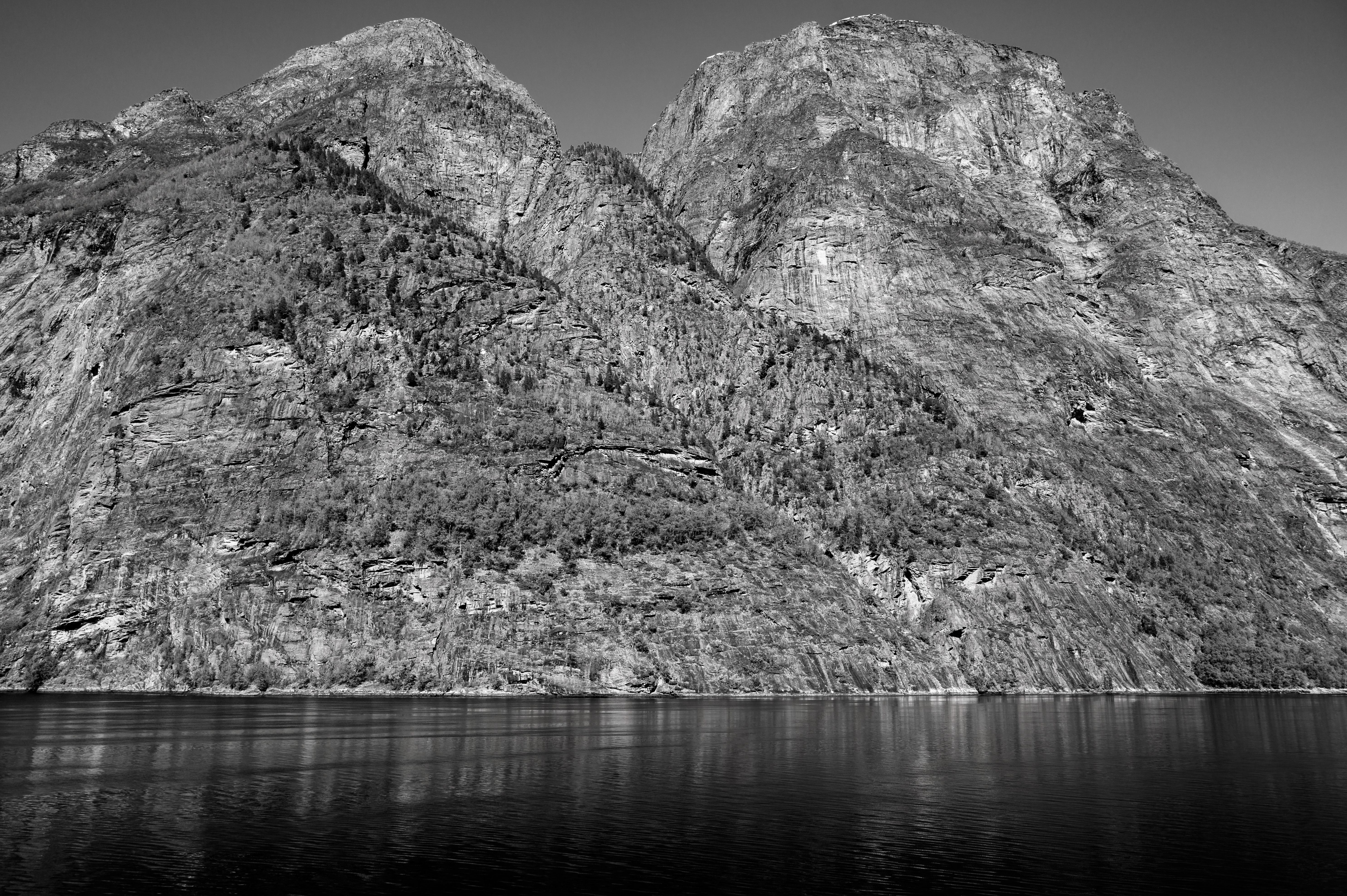 Fjord omgivet af grønne bjerge