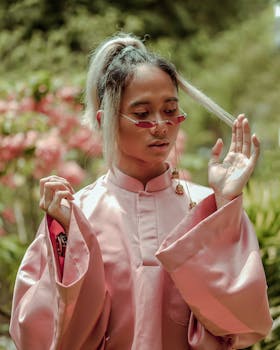 一位时尚的年轻女子身着粉色和服，在宁静的花园中散发着美丽的气息