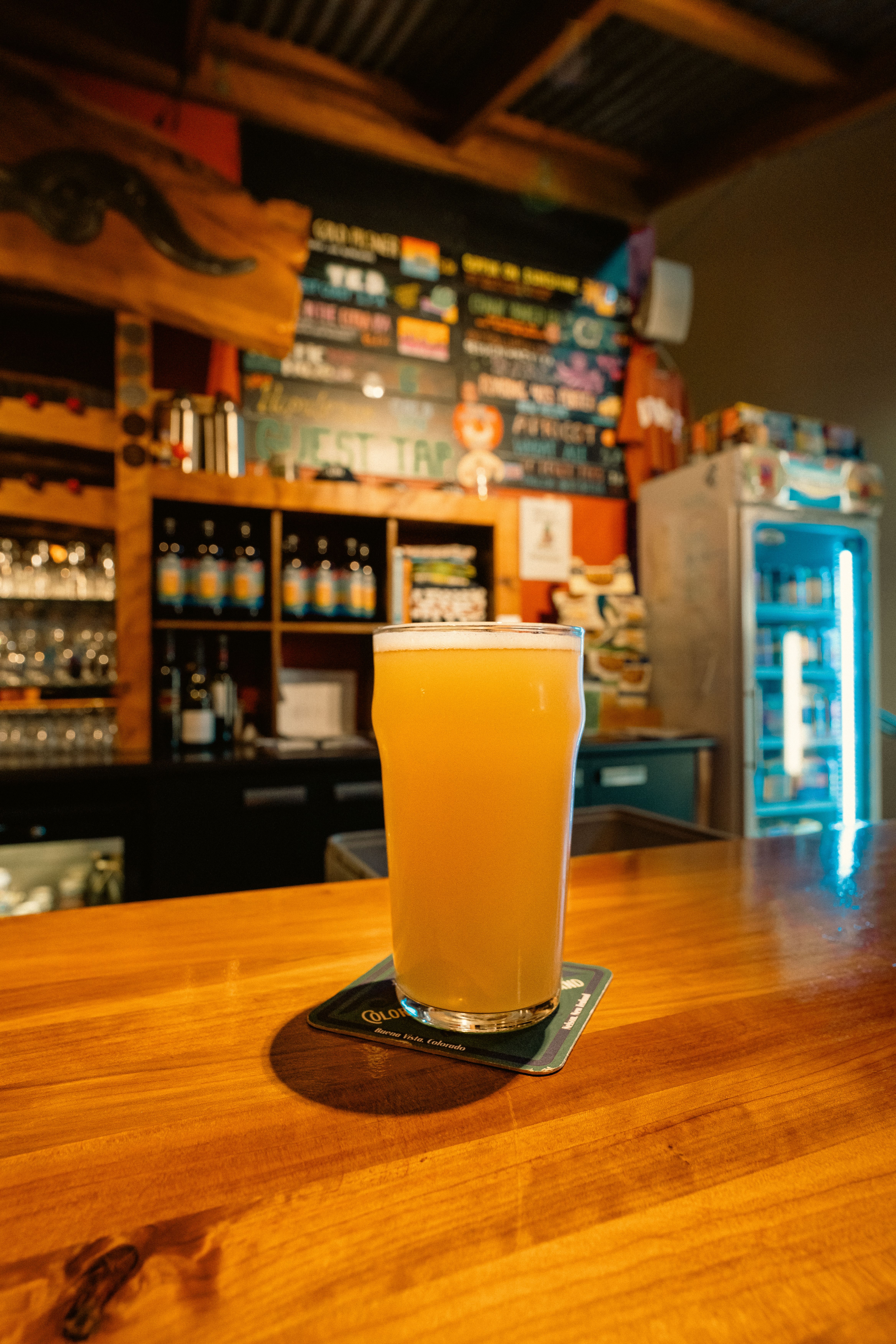 A glass of beer sitting on top of a wooden bar · Free Stock Photo