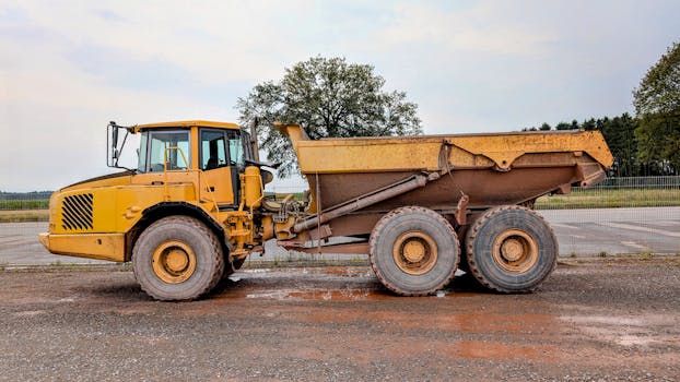 A large yellow dump truck parked on a construction site in Pinneberg.