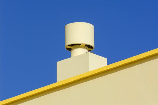 Yellow industrial chimney against a vibrant blue sky, representing modern architecture.