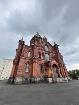 Capture of Uspenski Cathedral, Helsinki's iconic Orthodox church, against a moody sky.