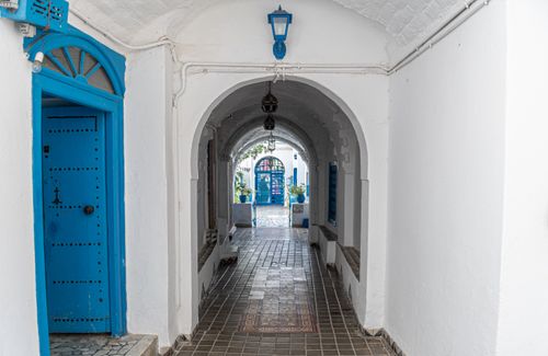 Free An elegant archway interior in Carthage showcasing traditional Tunisian architecture with vibrant blue accents. Stock Photo