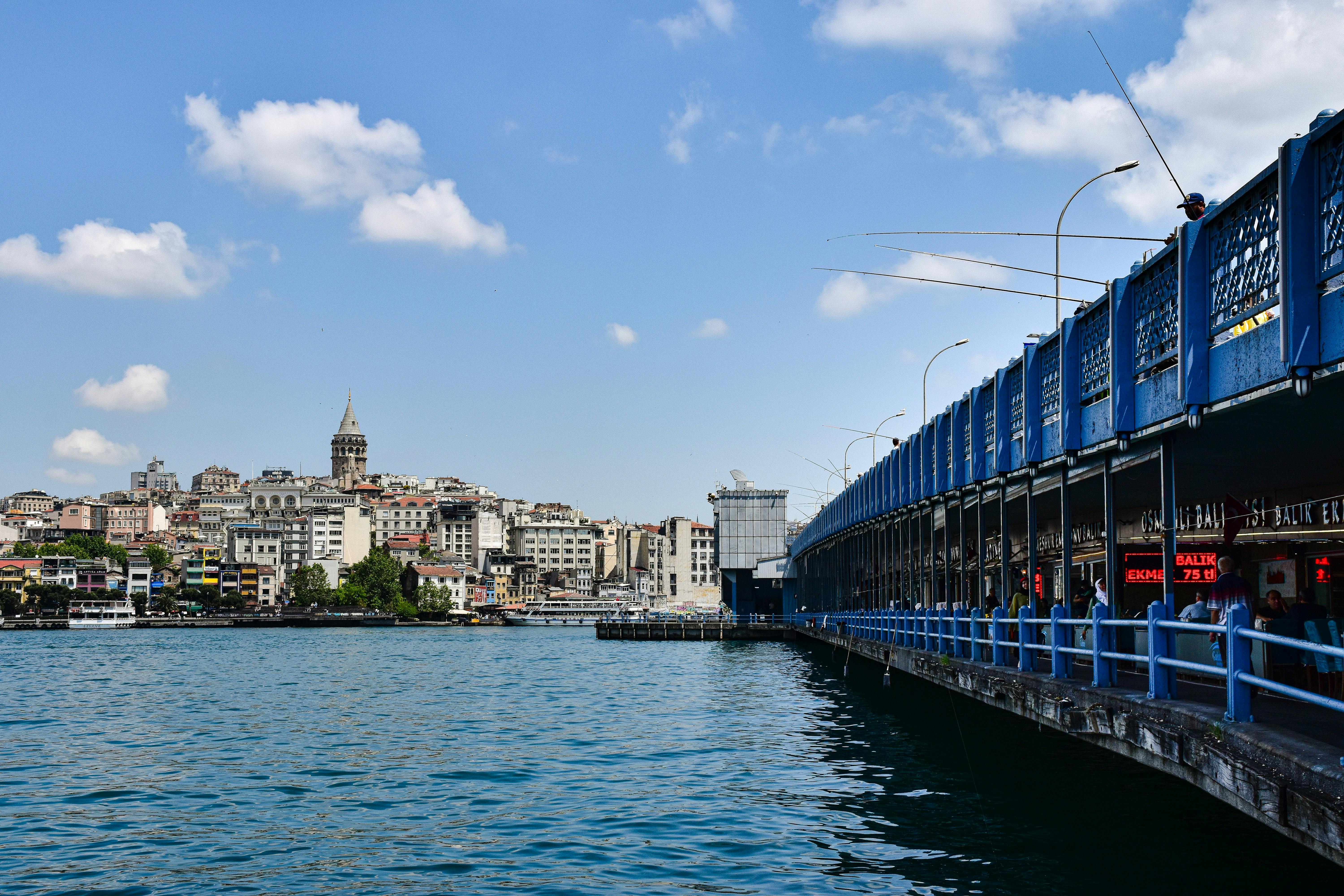 a view of the city from the water with a blue bridge