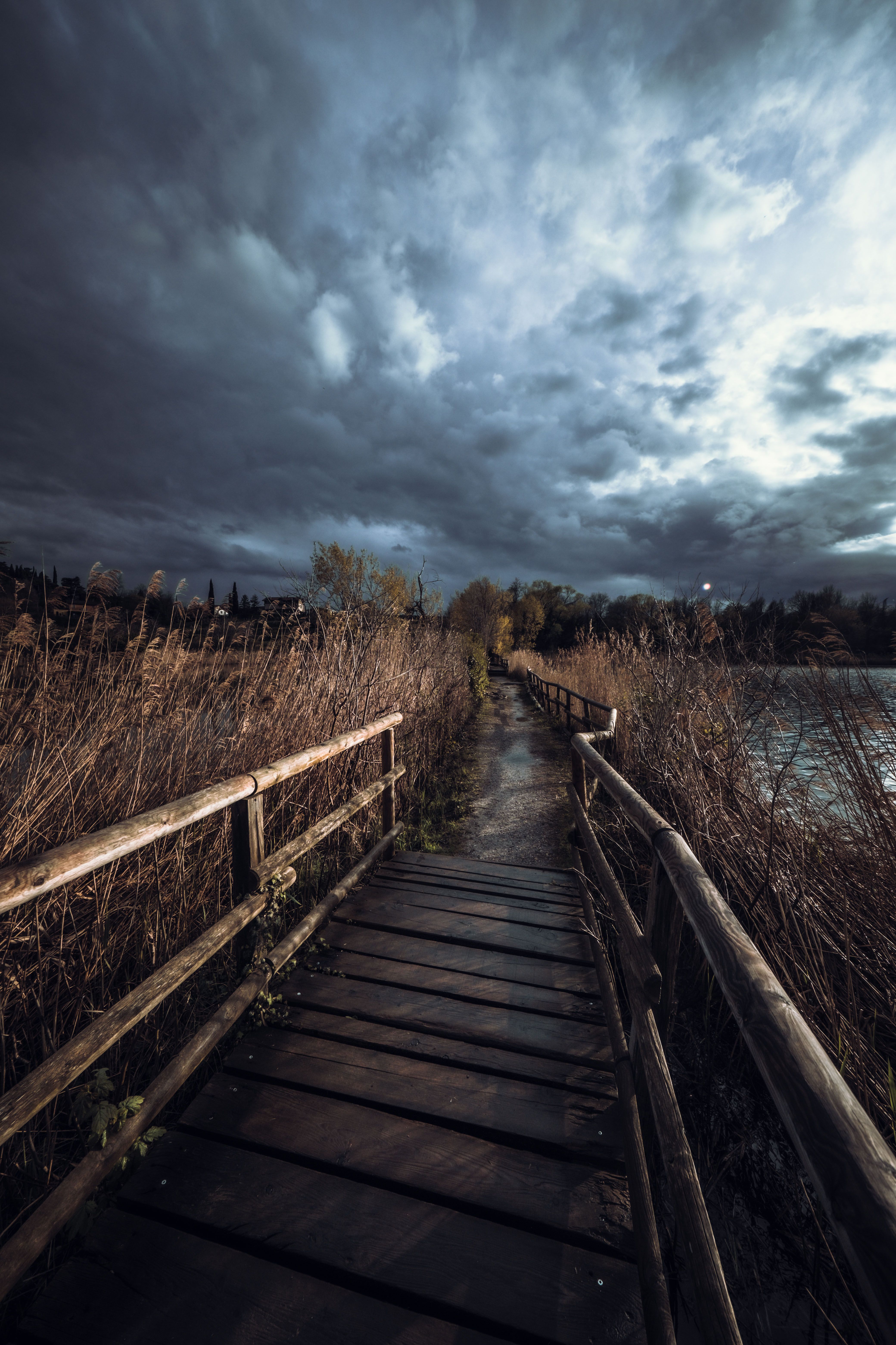 A wooden walkway leads to a lake under stormy skies · Free Stock Photo