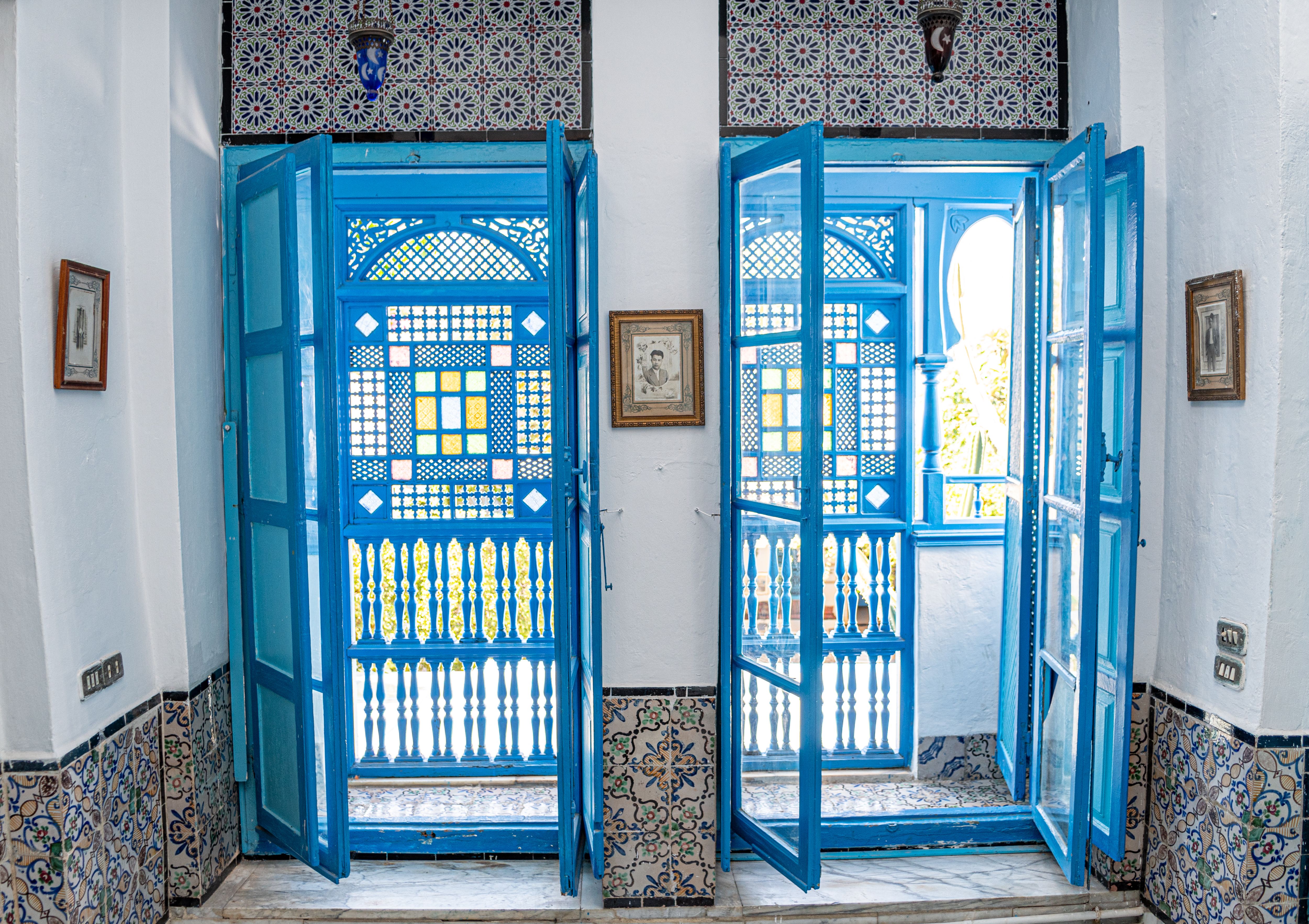 Beautiful blue doors in a traditional Tunisian house interior in Carthage, Tunisia.