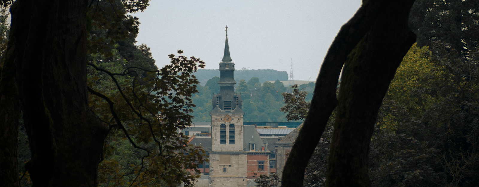 A beautiful church tower framed by trees in the peaceful countryside of Namur, Belgium.