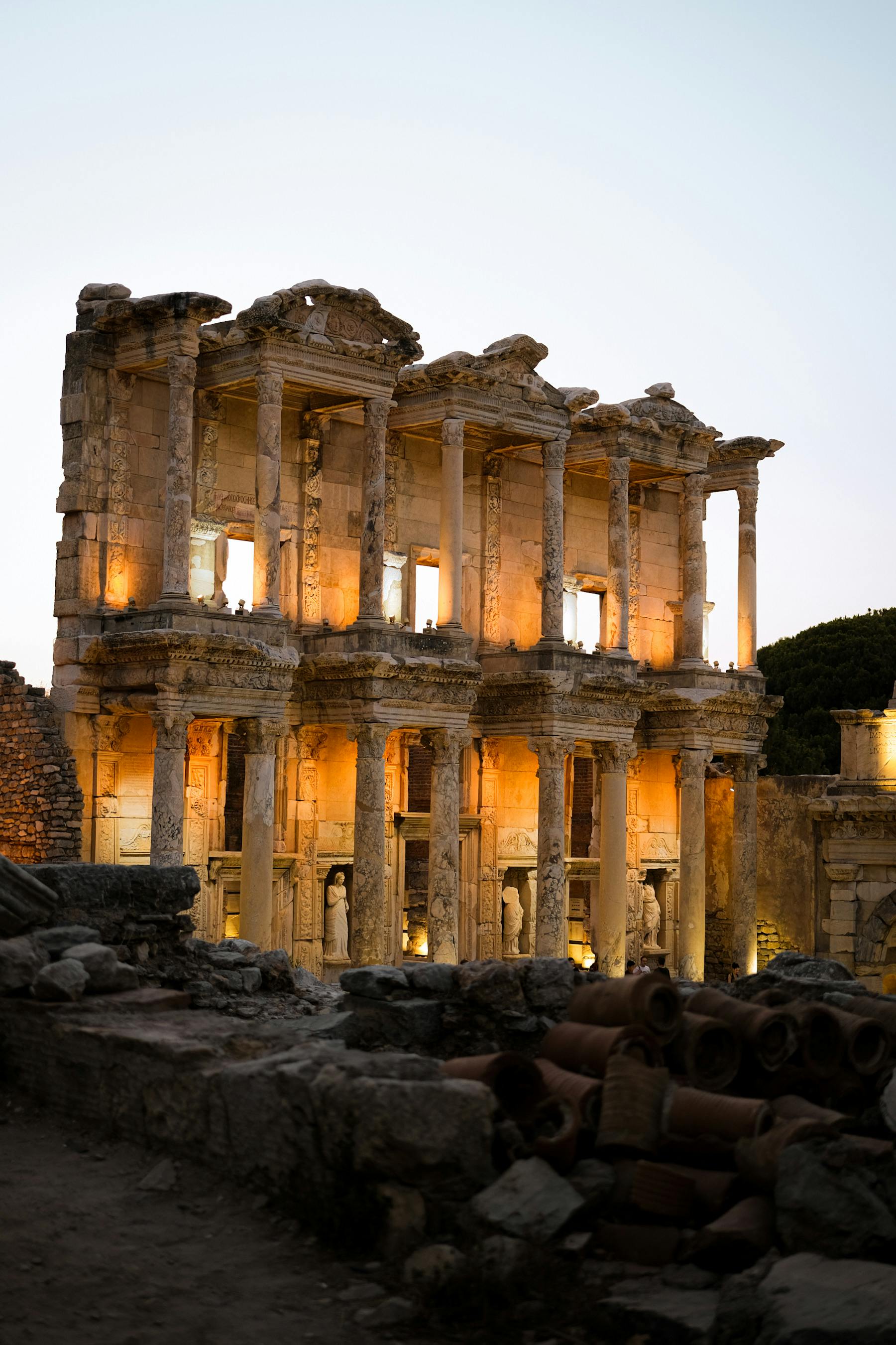 Stunning view of the illuminated Celsus Library in Ephesus at twilight.