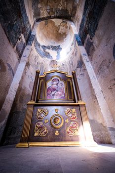 Stunning interior view of an ancient Armenian church with religious artwork and architecture in Van, Türkiye.