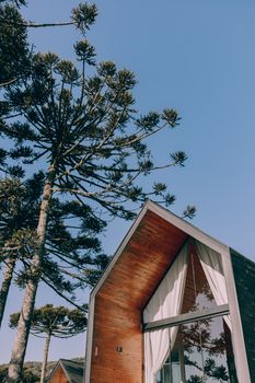 Wooden cabin with a modern design surrounded by tall trees under a clear blue sky.