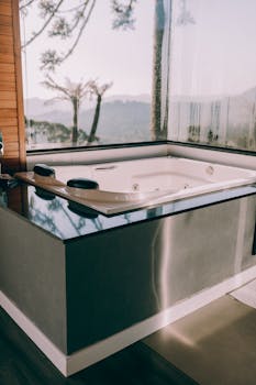Elegant indoor bathtub with a scenic outdoor view, showcasing modern interior design.