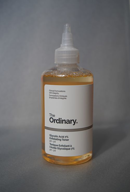 Free A detailed photo of The Ordinary's Glycolic Acid 7% Exfoliating Toner bottle. Stock Photo