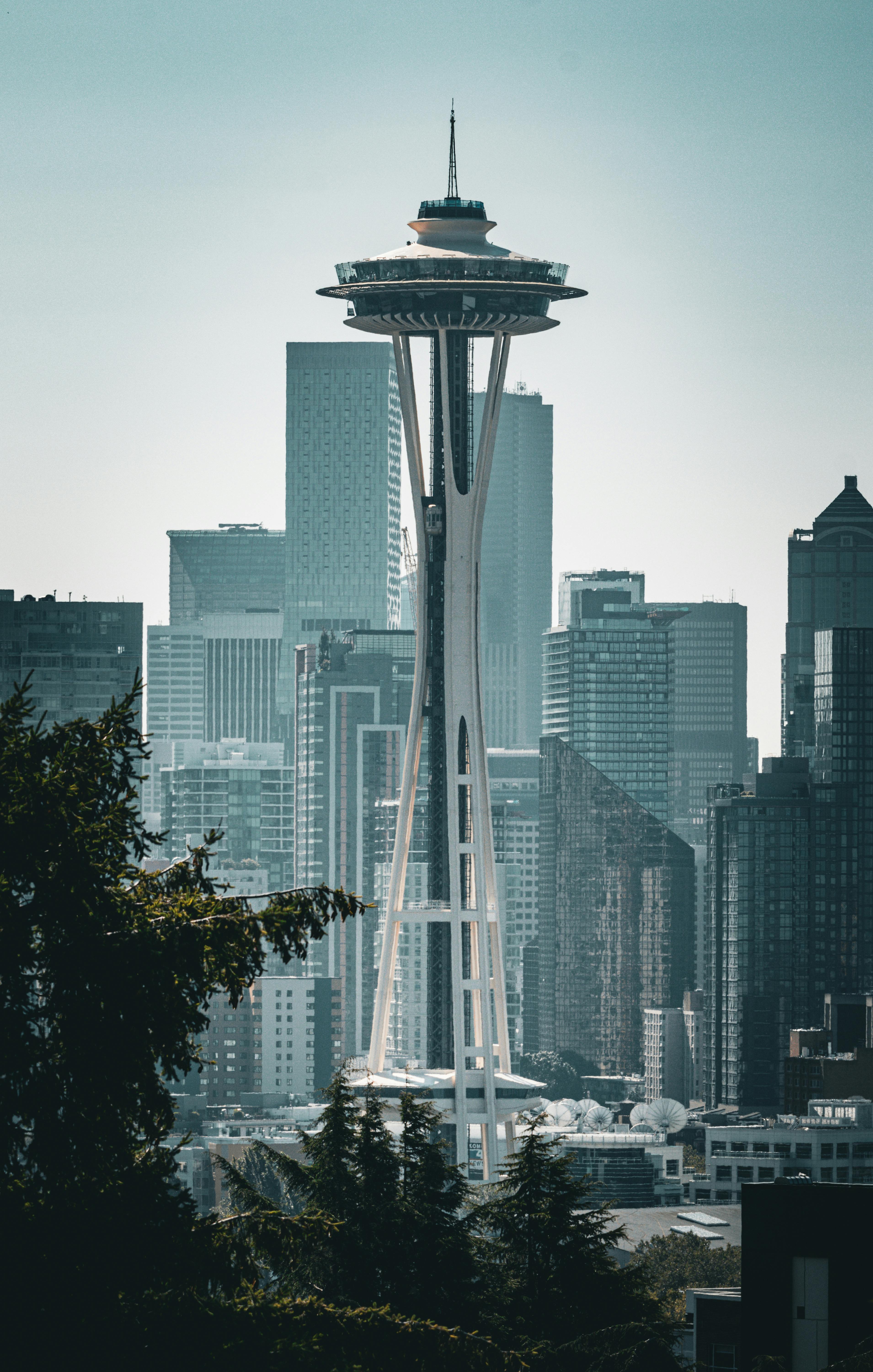 Iconic Space Needle with Seattle skyline in the background on a clear day.