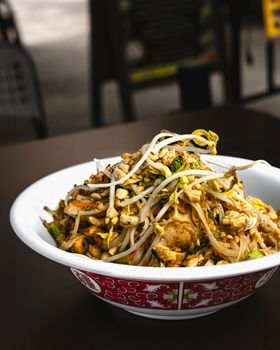 Appetizing chicken stir-fry noodles with vegetables, ideal for Asian cuisine enthusiasts.