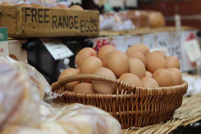 Panier d'œufs bruns de plein air présentés sur un marché