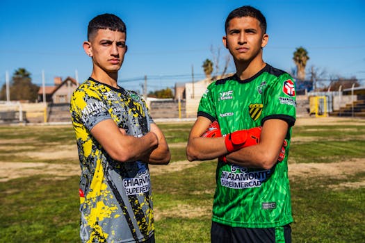 Two young men proudly posing on a soccer field, wearing team jerseys.