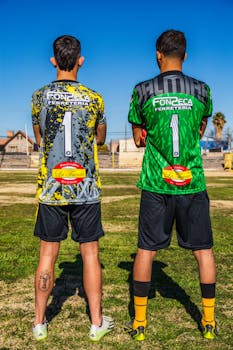 Two soccer players standing on a grassy field wearing team jerseys.