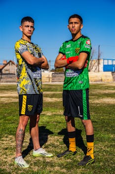 Two soccer players in vibrant team jerseys standing on a field under the clear blue sky.