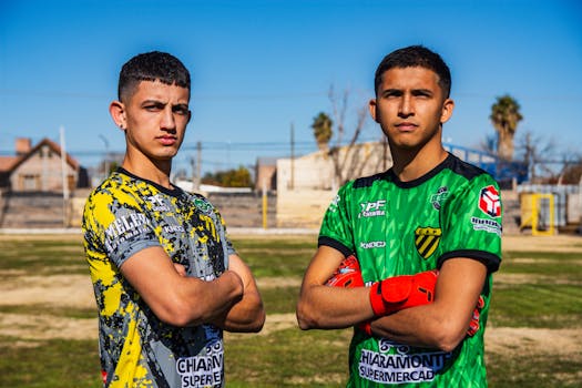 Two teenage soccer players in colorful jerseys pose confidently on an outdoor field under clear blue skies.