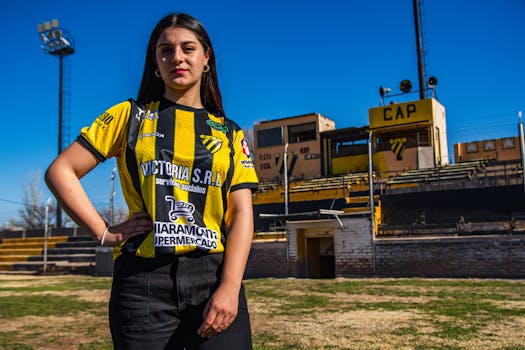 Confident woman in a yellow and black soccer jersey posing at an outdoor stadium.
