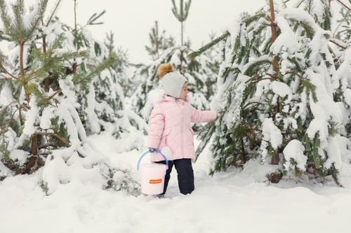Free Child in a pink coat with bucket exploring snowy pine trees in winter forest. Stock Photo