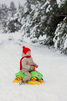 A young child joyfully rides a small snow vehicle in a snowy landscape.
