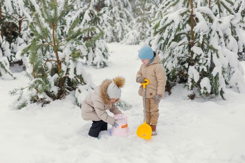 Free Two children having fun in a snowy forest, playing with a shovel and bucket. Stock Photo