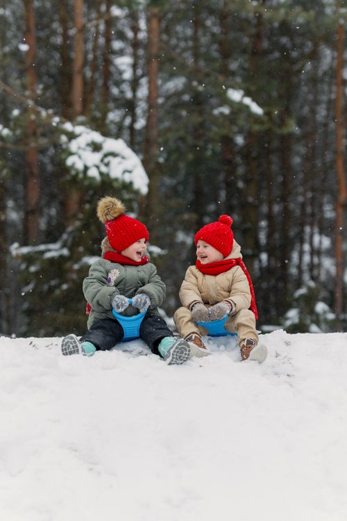 Free Two smiling children enjoying a snowy sledding adventure in a winter forest setting. Stock Photo