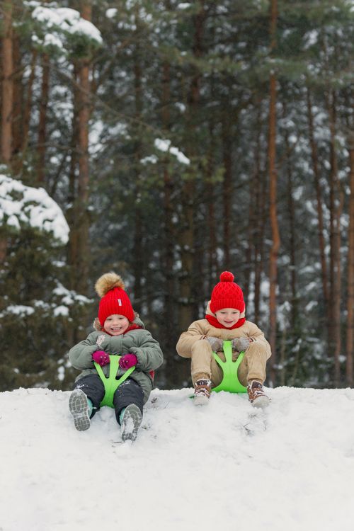 Free Two children in red hats sledding in a snowy forest, enjoying winter fun outdoors. Stock Photo