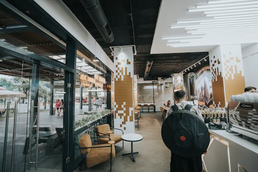 Contemporary coffee shop interior featuring design elements and customers enjoying their drinks.