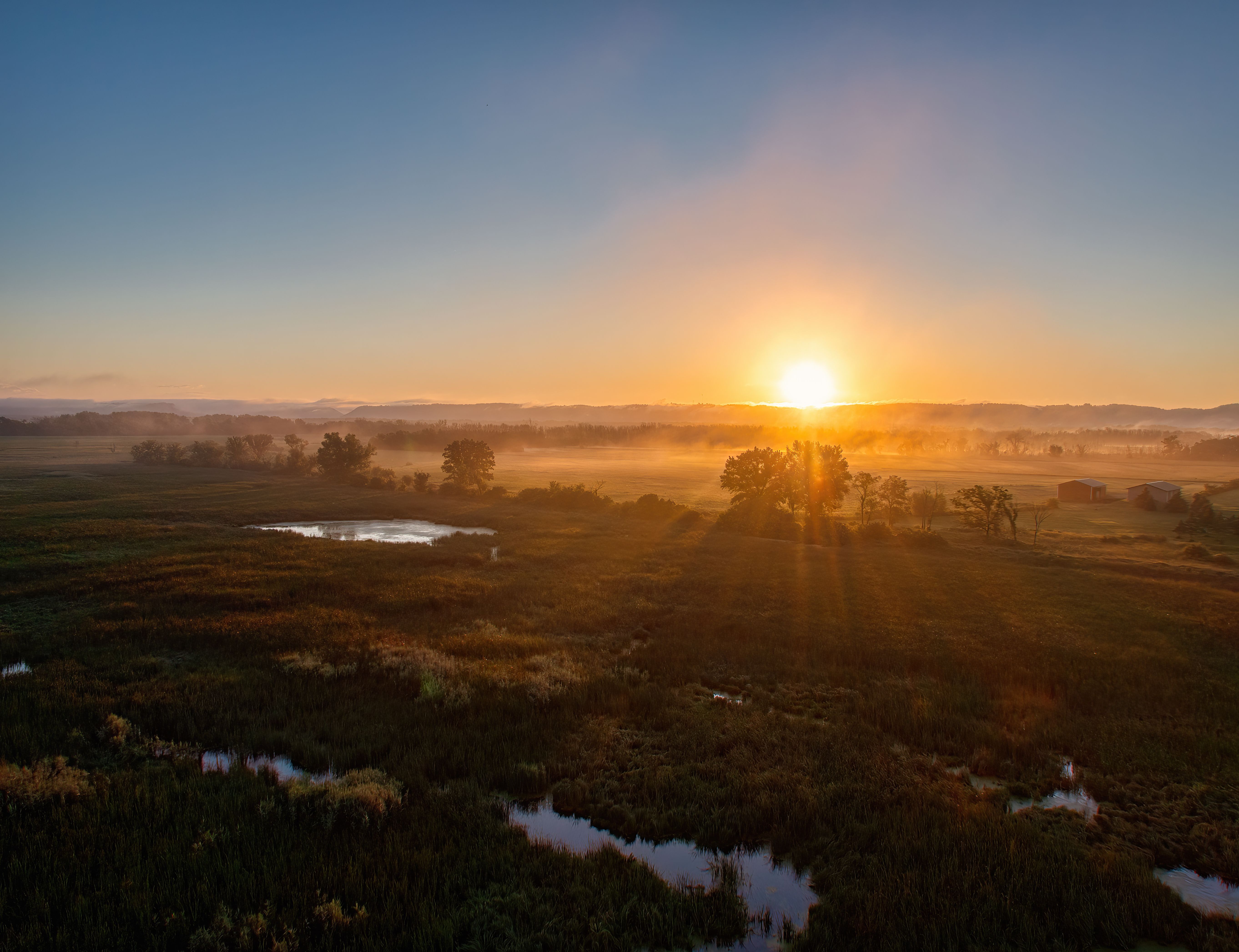 The sun rises over a marshy field with fog · Free Stock Photo