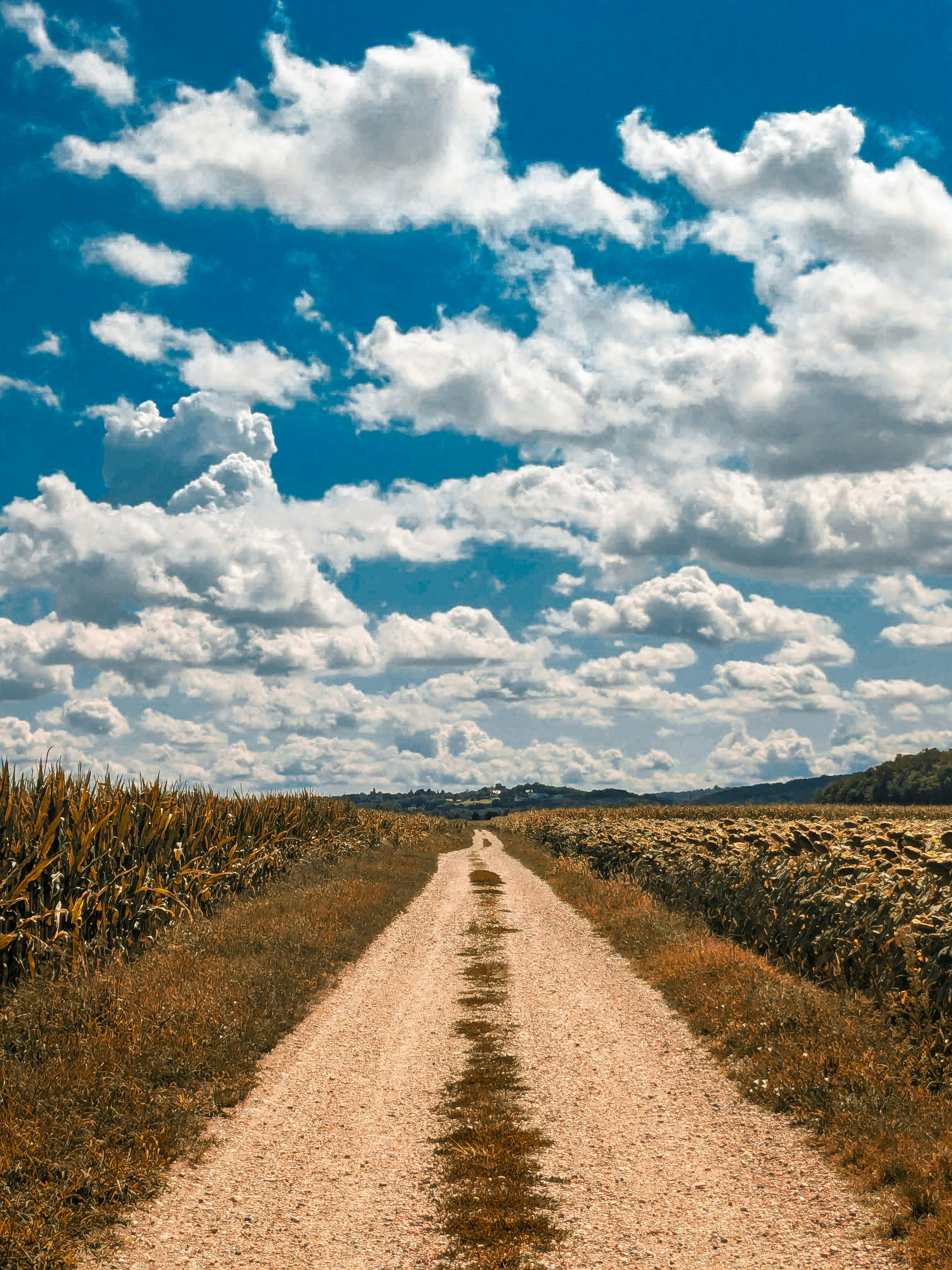 a dirt road with clouds in the sky