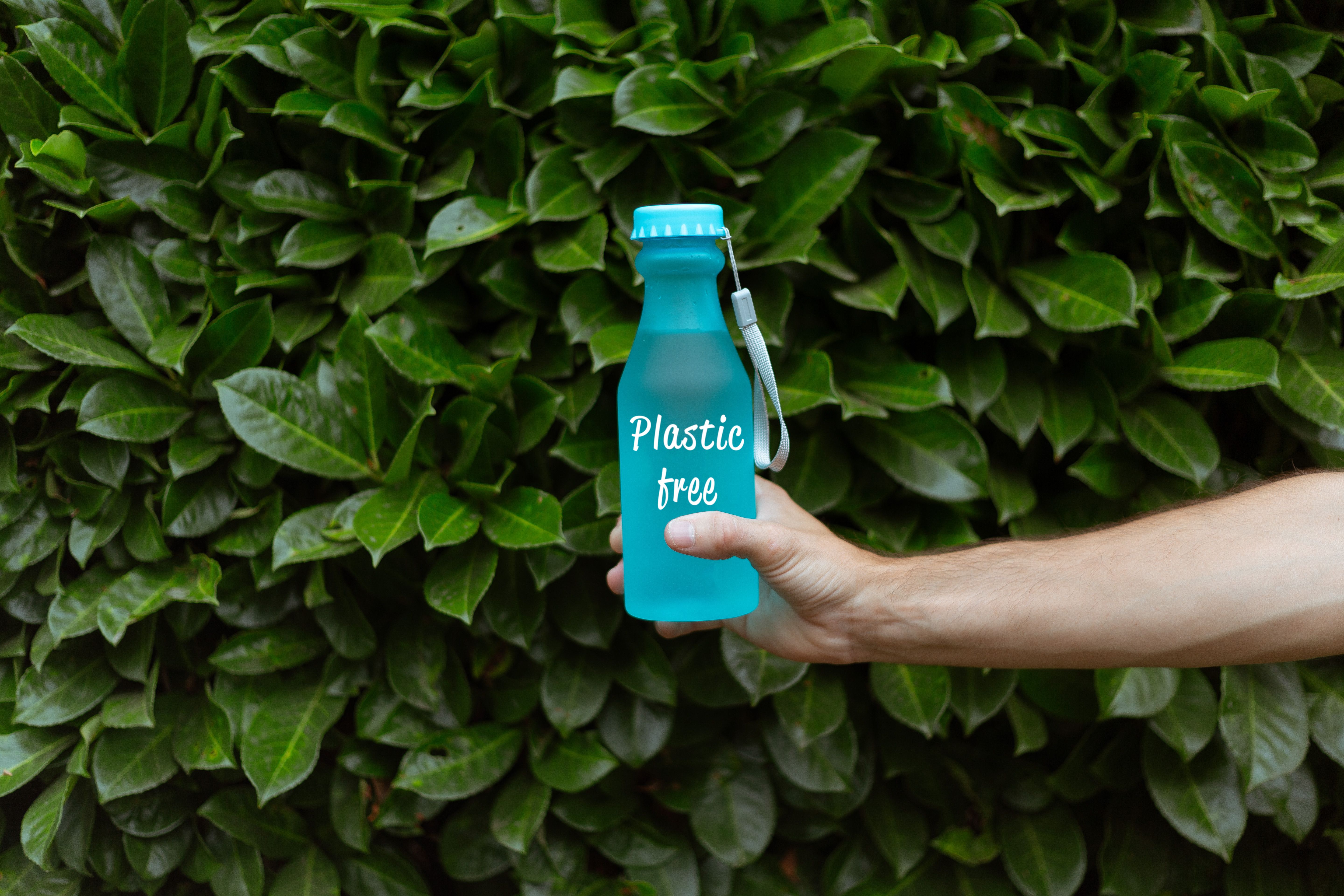 Person, Die Blaue Wasserflasche Hält, Hanfplastik für die Umwelt