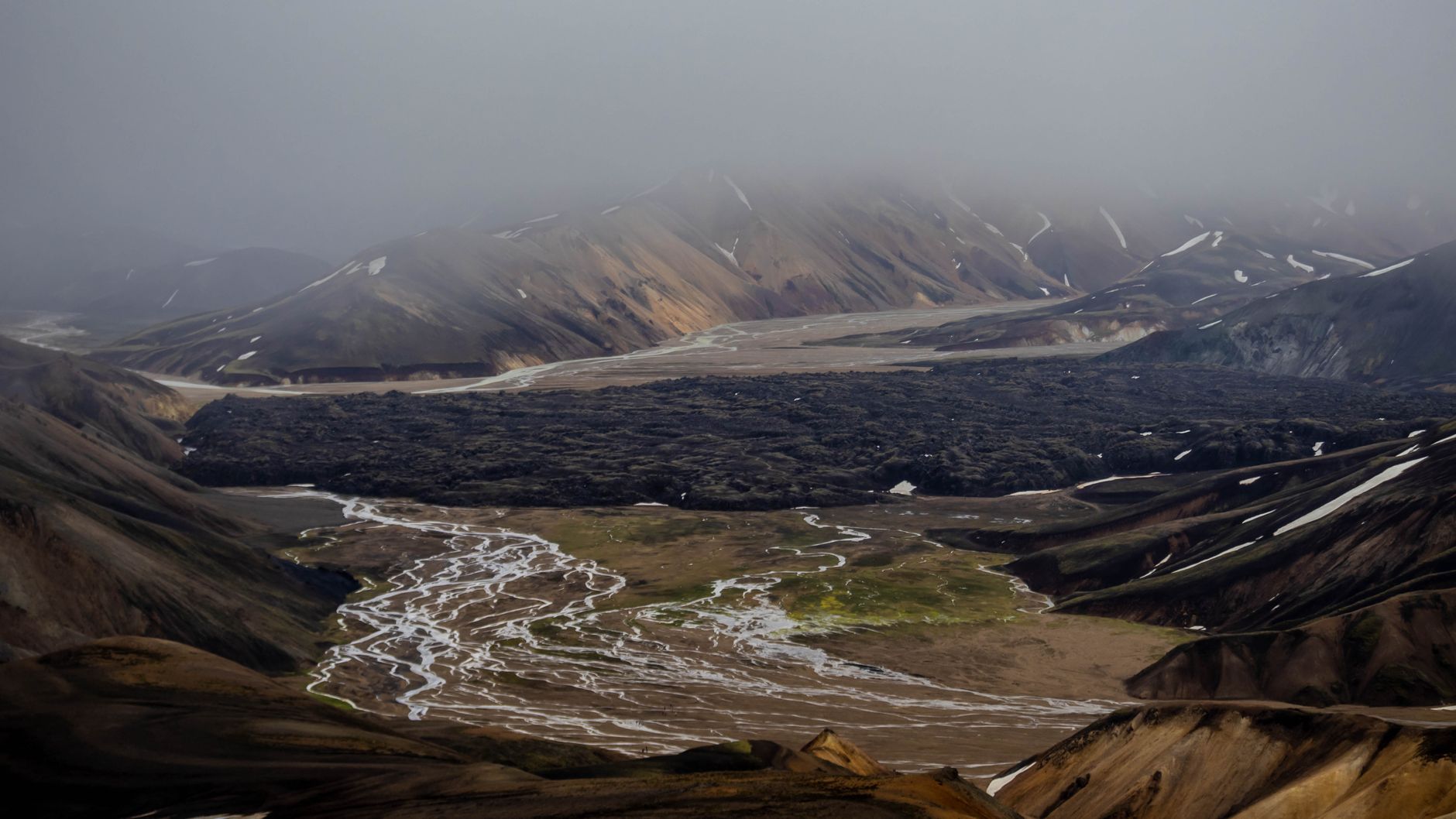 Rhyolite mountains in red and green above Landmannalaugar valley