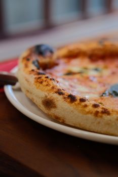 Delicious rustic wood-fired pizza with crispy crust served on a white plate.