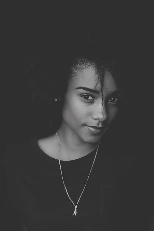 Monochrome Photo of Woman Wearing Necklace