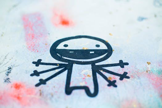 Creative abstract stick figure illustration on a textured, colorful background with playful design.