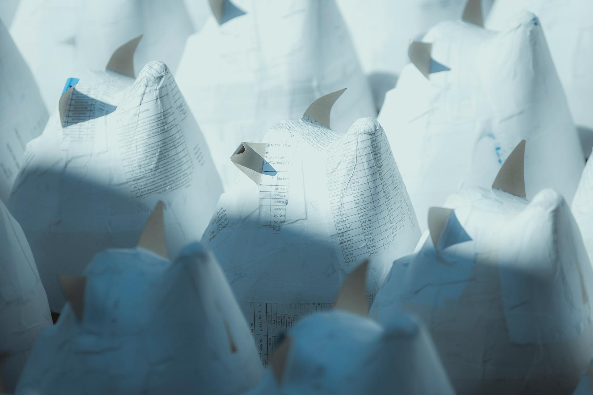 Abstract arrangement of recycled paper forming dynamic shapes, invoking artistic interpretation.