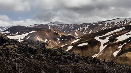 Free Breathtaking view of snow-capped Landmannalaugar mountains, showcasing Iceland's rugged beauty. Stock Photo