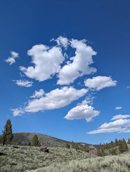 Expansive summer landscape with fluffy clouds and clear blue sky over a rural hillside.