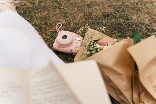 Free A dreamy outdoor scene featuring a pink camera, flowers, and a book, capturing a moment of relaxation. Stock Photo