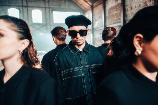 Fashionable group of adults in urban setting, wearing denim and sunglasses, displaying a modern aesthetic.