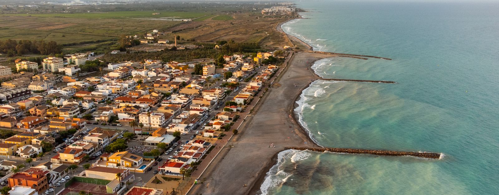 Aerial panorama of Casablanca, Valencia, showcasing the coastline, architecture, and ocean.