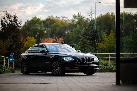 Elegant black sedan parked on pavement with green foliage background on a sunny day.