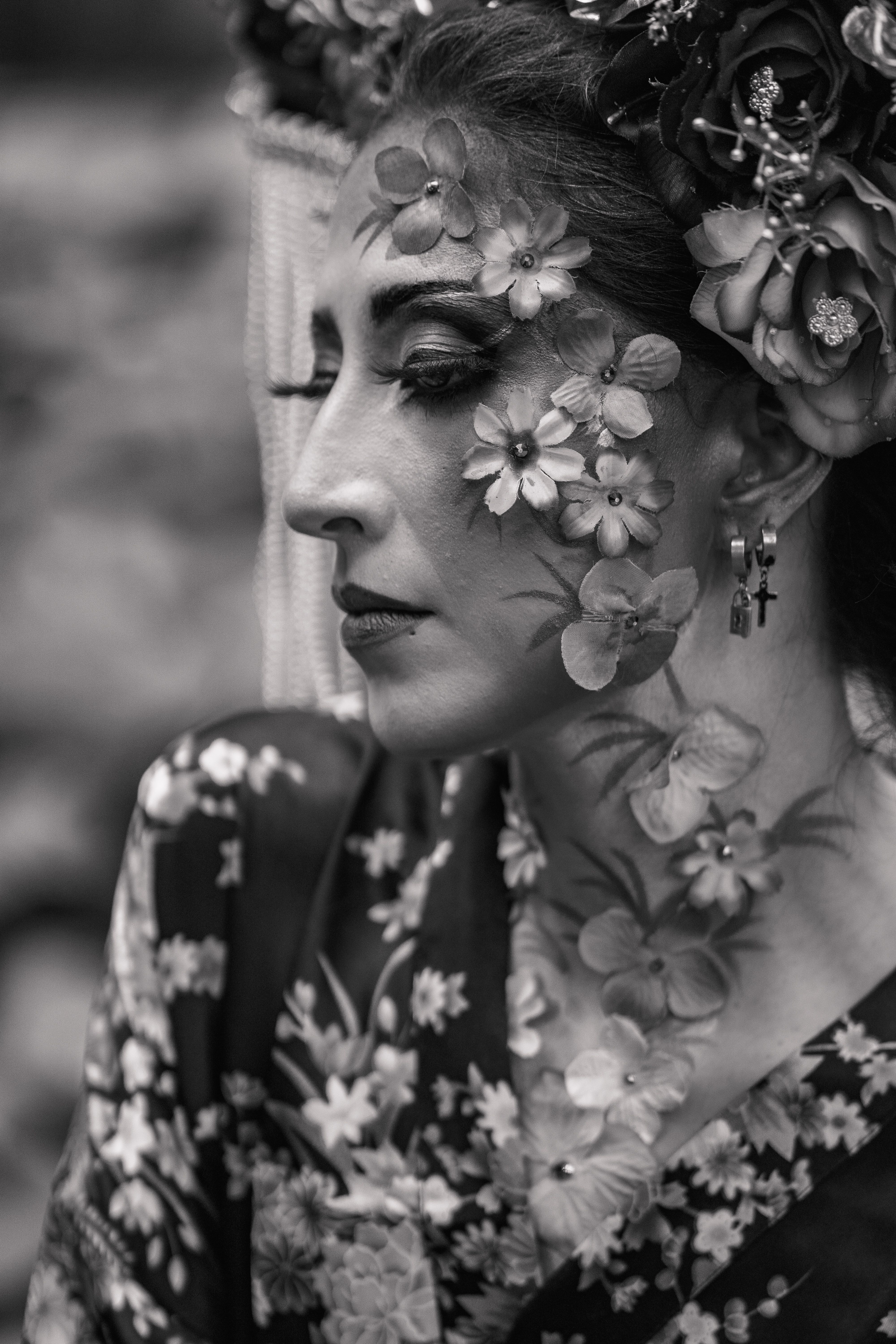 Black and white portrait of a woman with flowers on her face · Free ...