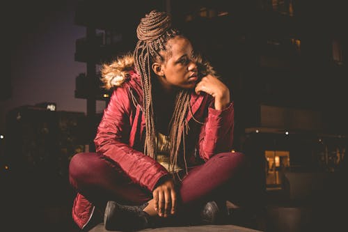 Woman in Red Bomber Jacket 