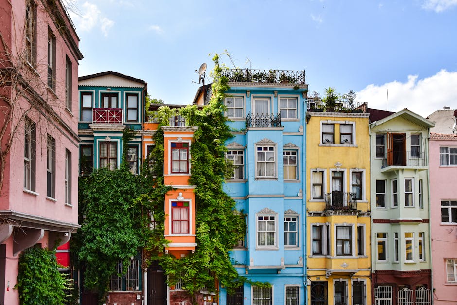 A colorful row of historic Richmond rowhomes near a coffee shop, representing the vibrant community and emotional connections formed in new neighborhoods.. Shot by AXP Photography