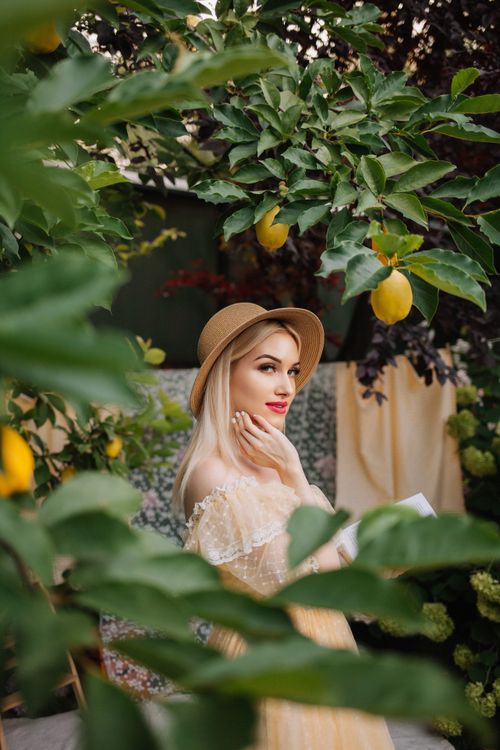 Free A woman in a hat poses gracefully among lemon trees in a vibrant garden setting. Stock Photo